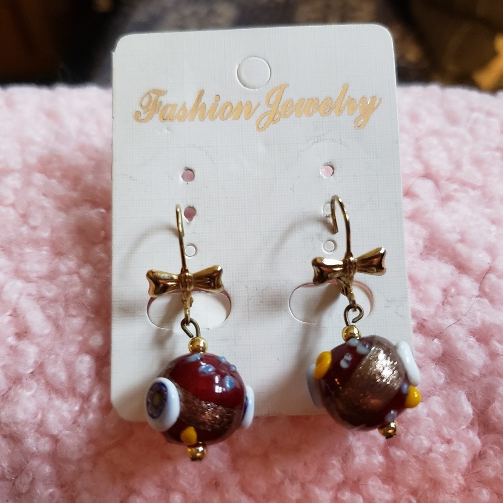 Millefiori bow tie bead earrings